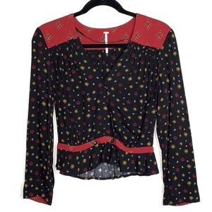 Free People Where We Roam Boho V Neck Surplice Long Sleeve Top XS